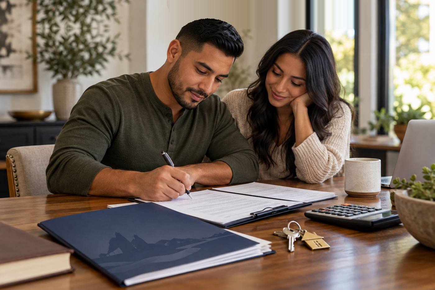 Home buyers signing paperwork with keys on the table