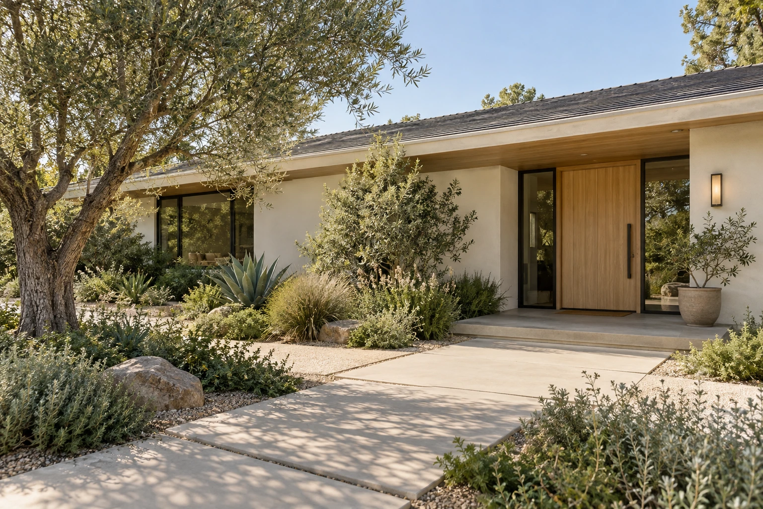 Single-story California home with a broad front path