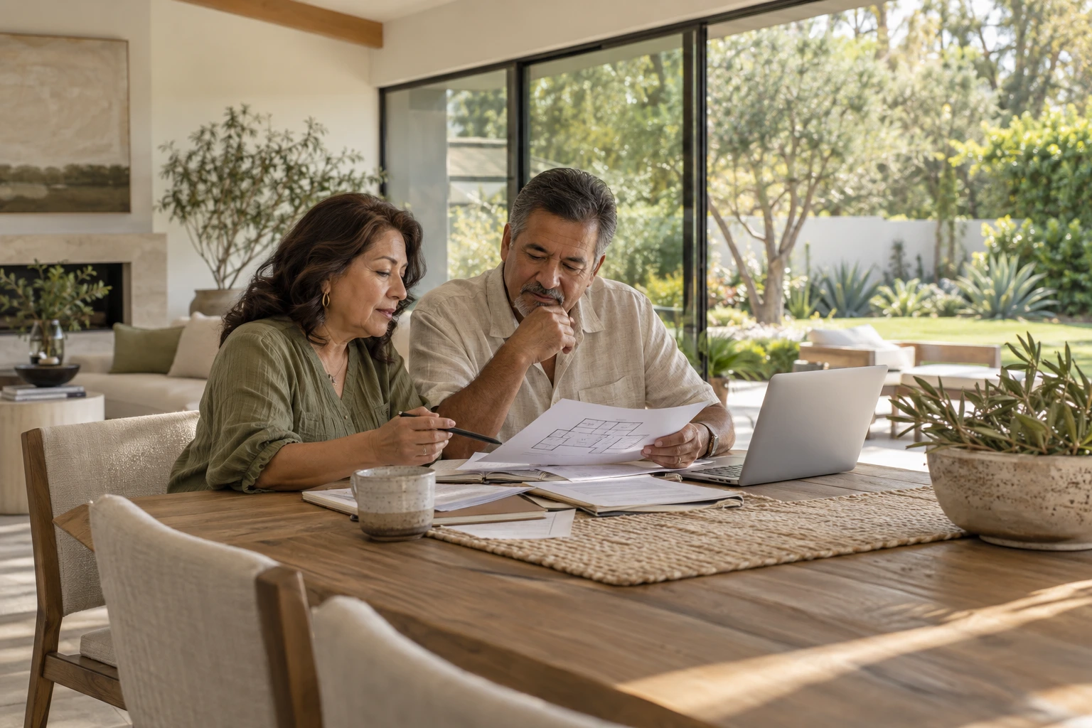 Couple comparing housing plans and household paperwork