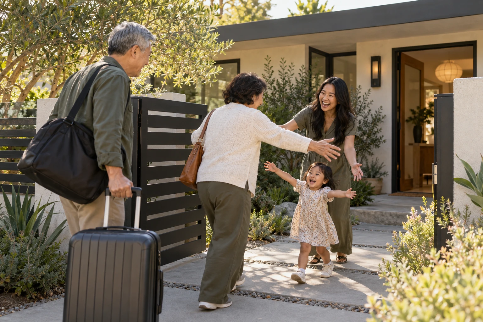 Family welcoming grandparents to their home