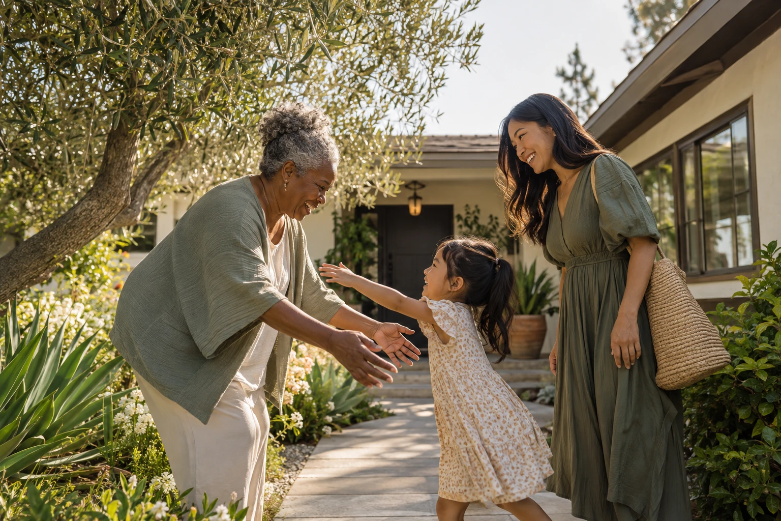 Grandmother greeting her family