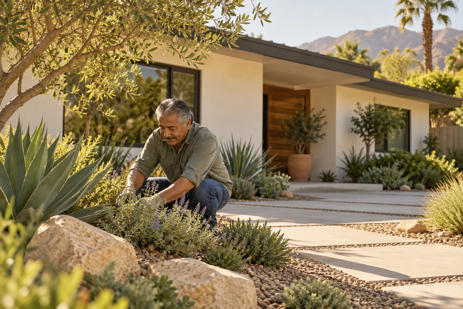 Homeowner tending a manageable garden
