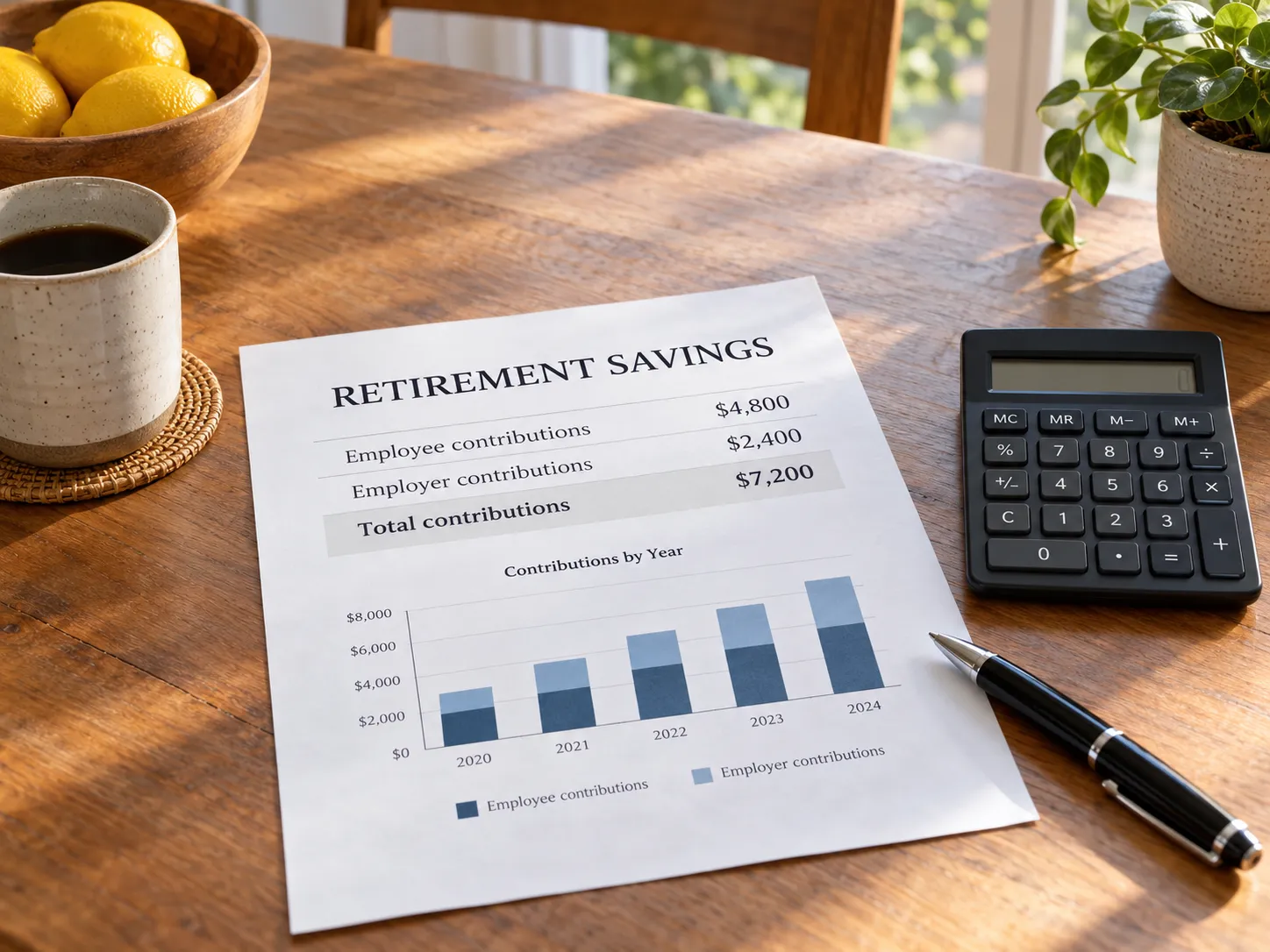 A retirement savings statement with contribution figures and a labeled chart beside a calculator.