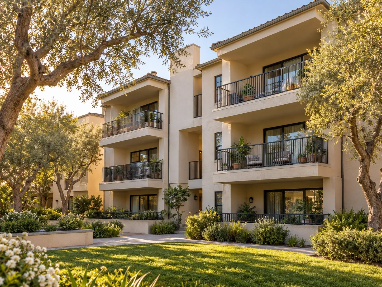 Illustrative California condominium building with balconies and landscaped grounds.