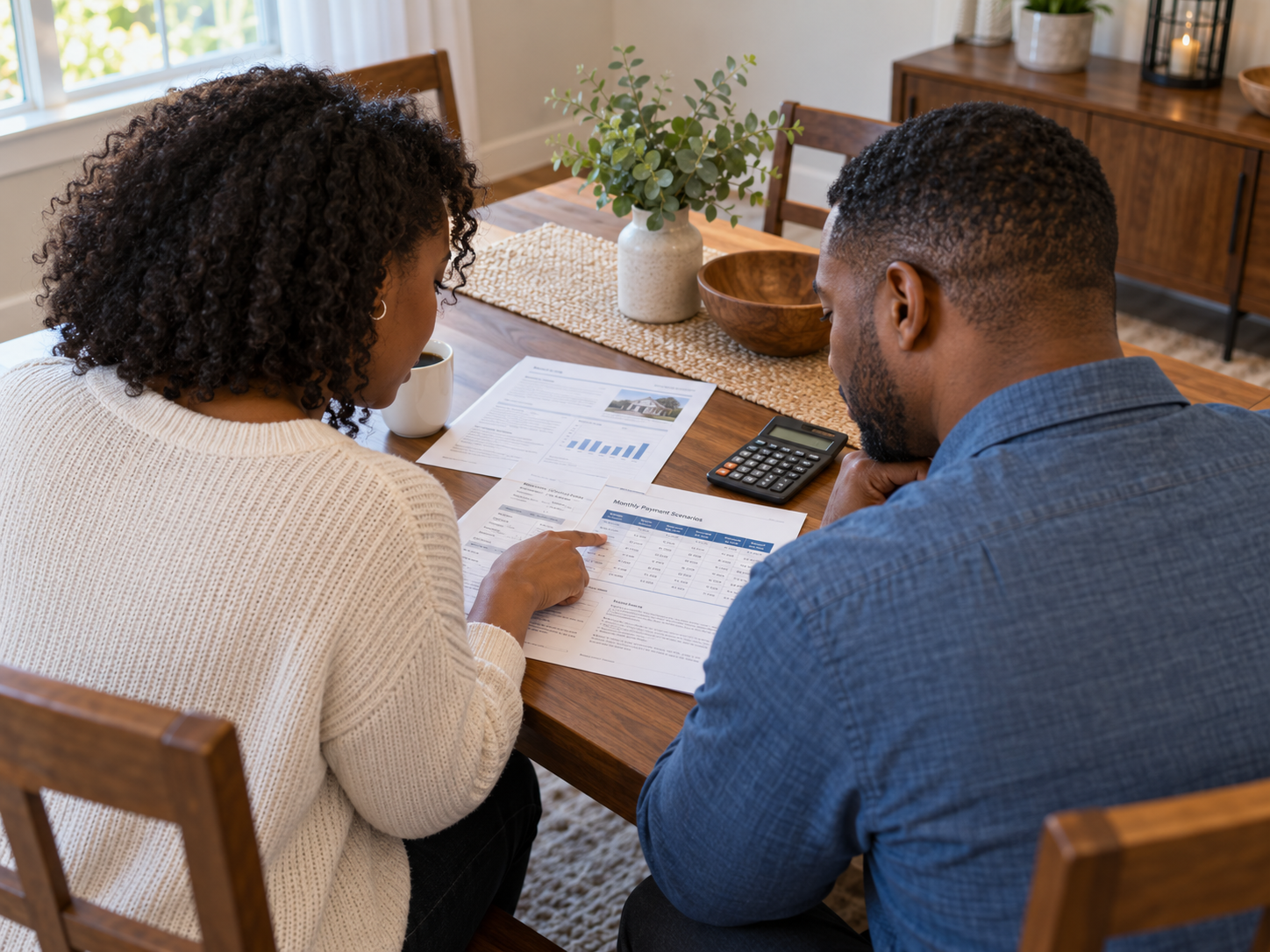 A couple comparing printed mortgage payment options at home.