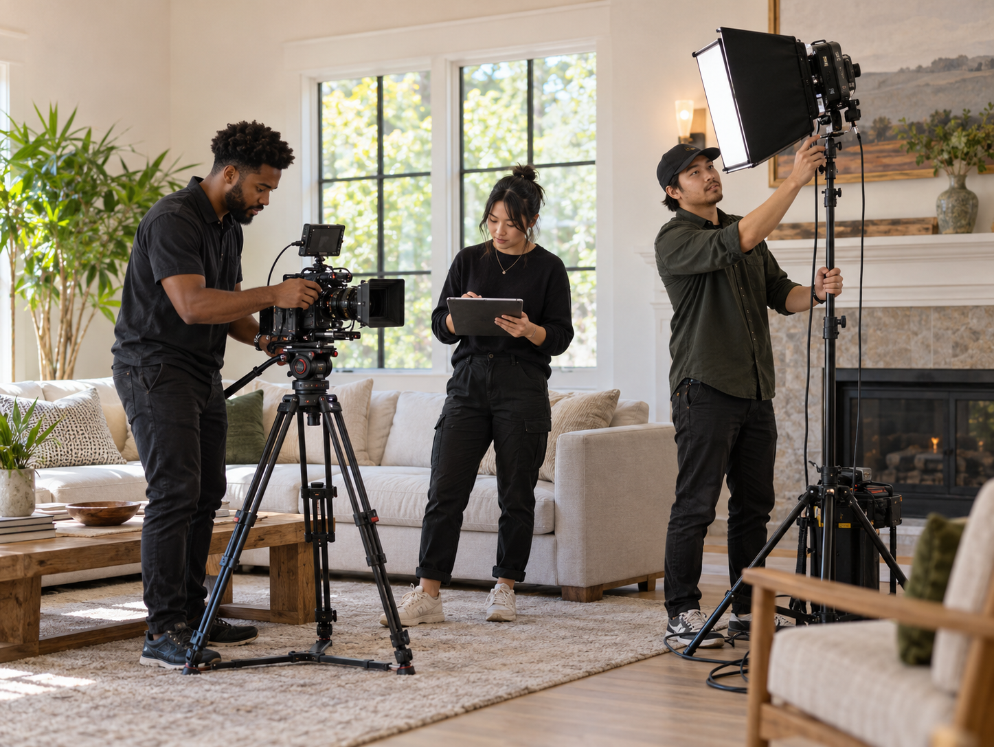 A film crew preparing professional camera and lighting equipment in a residential living room.