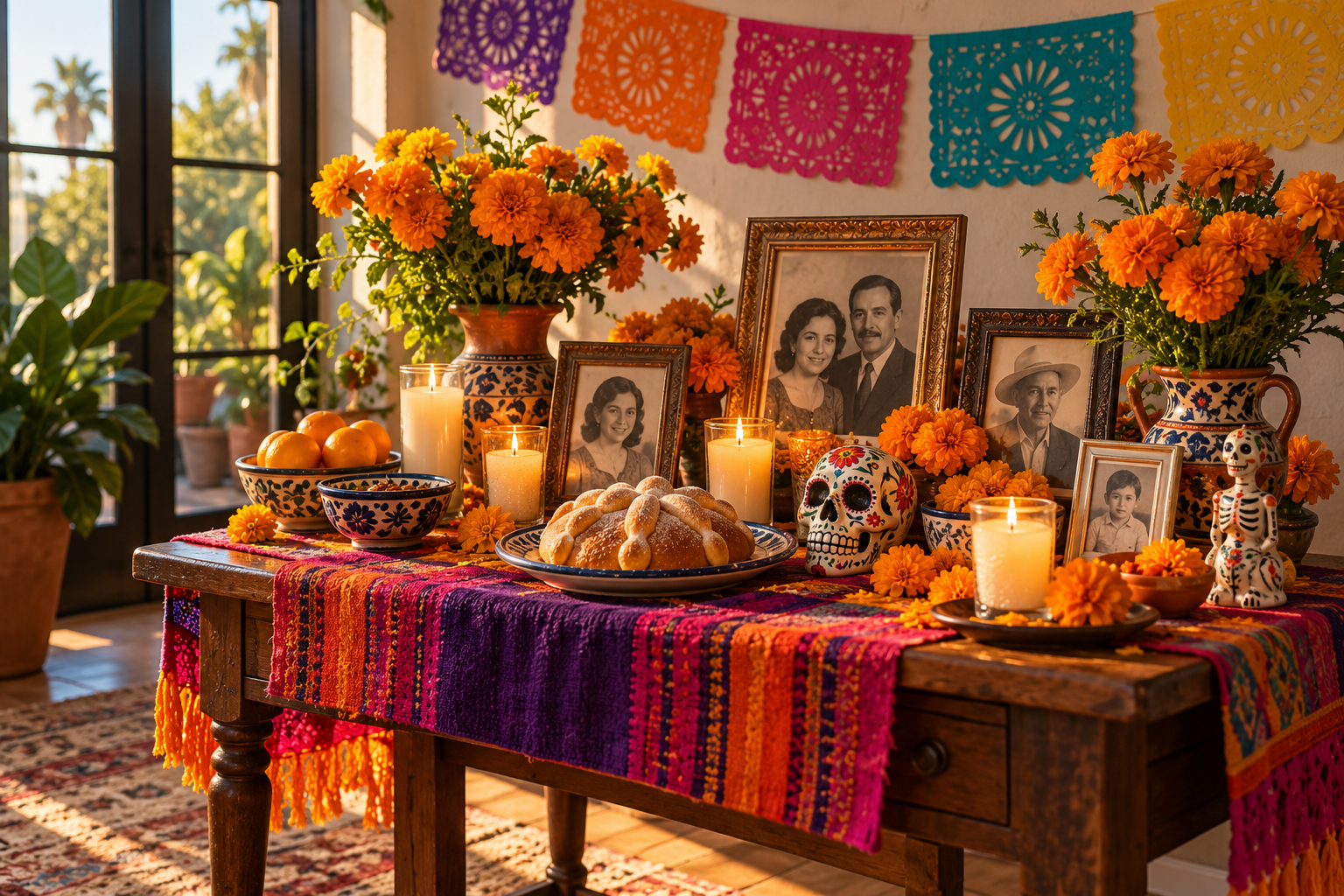 Illustrative ofrenda with marigolds, candles, family photographs and pan de muerto