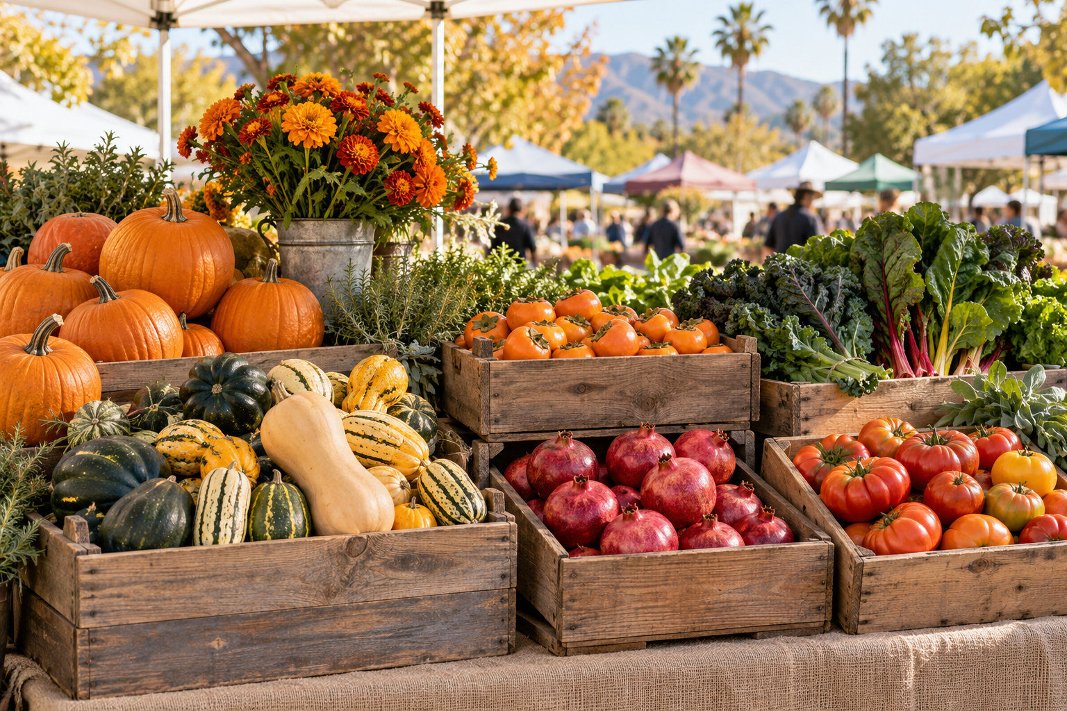 Illustrative fall produce market with pumpkins, persimmons, pomegranates, squash and marigolds