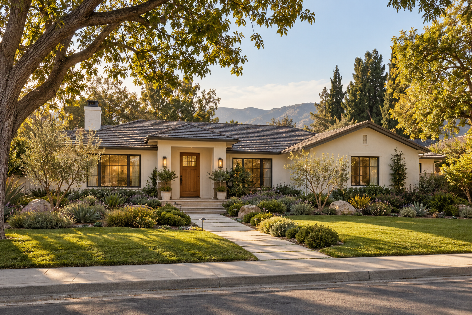 Illustrative Southern California ranch home with mature trees and a landscaped front garden, not an actual listing