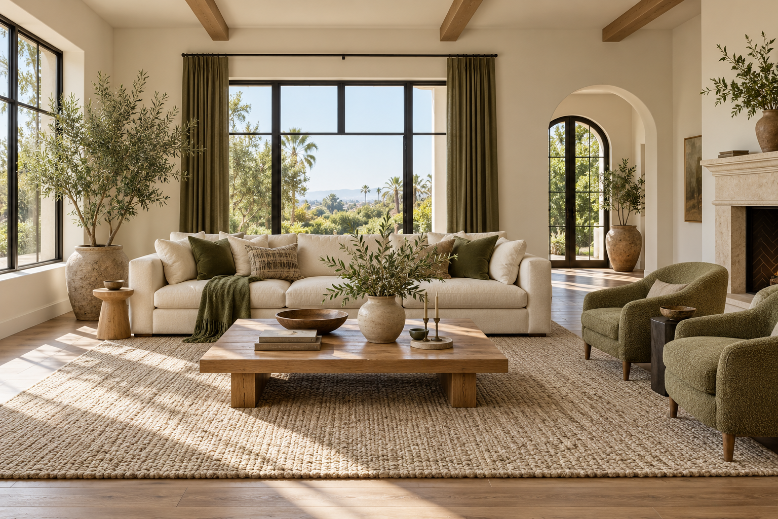 Illustrative thoughtfully presented living room with a cream sofa, full oak coffee table, textured rug and natural light