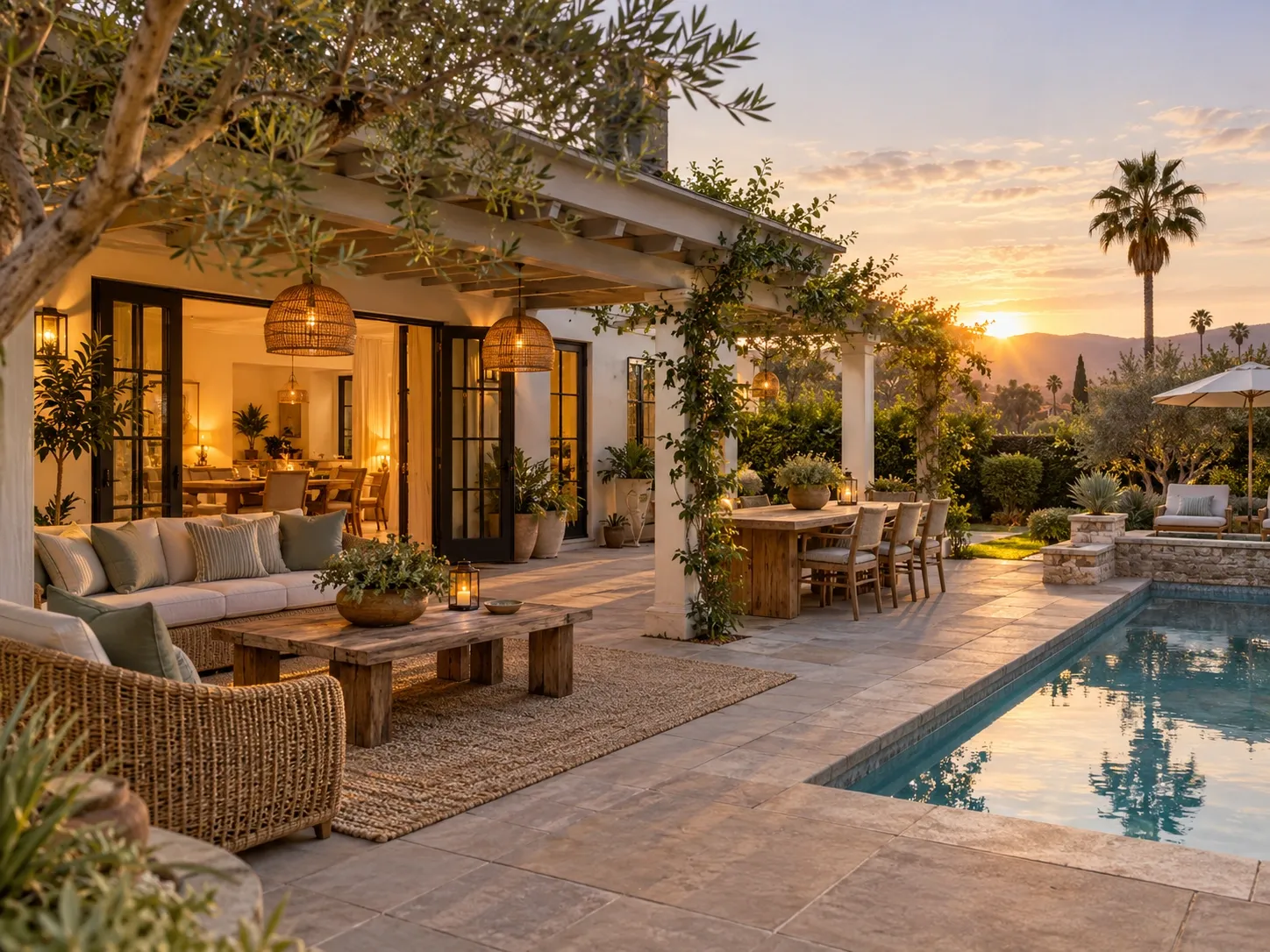 Illustrative Los Angeles rental home with an inviting garden terrace and pool at sunset.