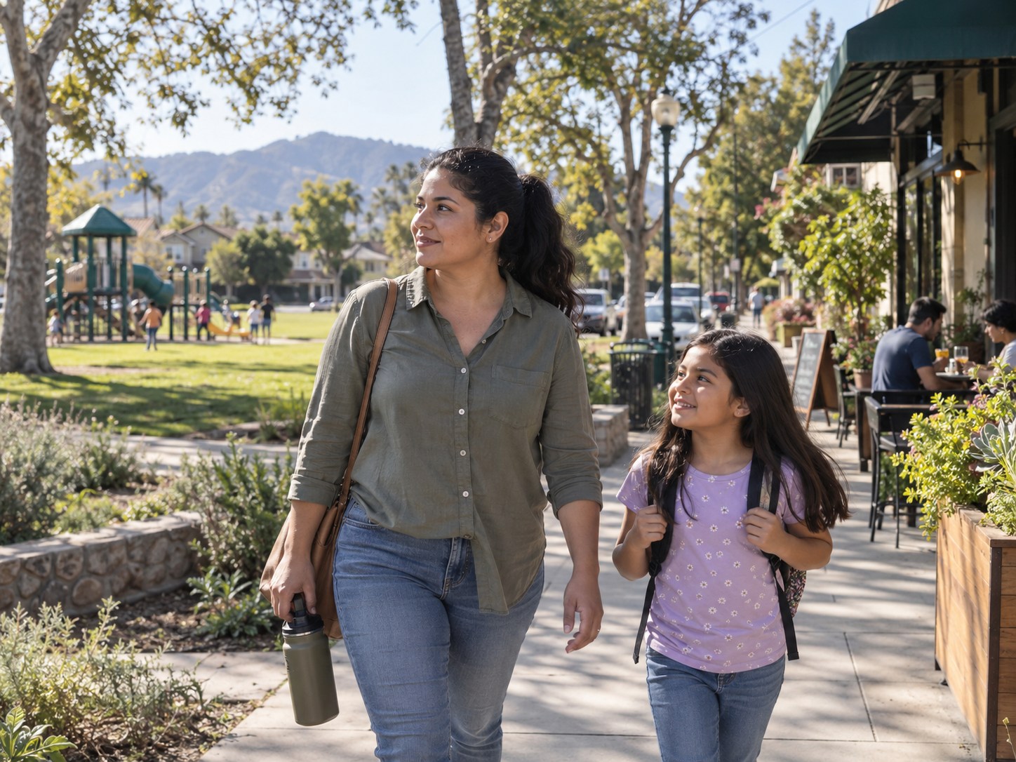 Parent and child walking through a San Fernando Valley neighborhood with a park and shops