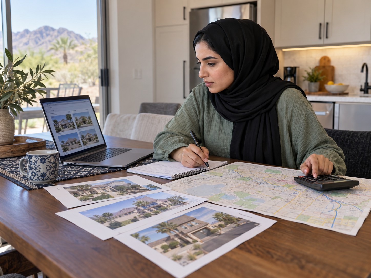 Homebuyer comparing neighborhood listings, a map, and a calculator
