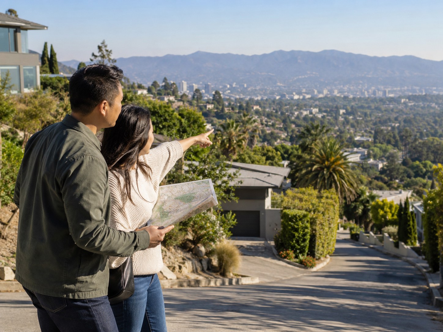Buyers overlooking hillside neighborhoods and the San Fernando Valley
