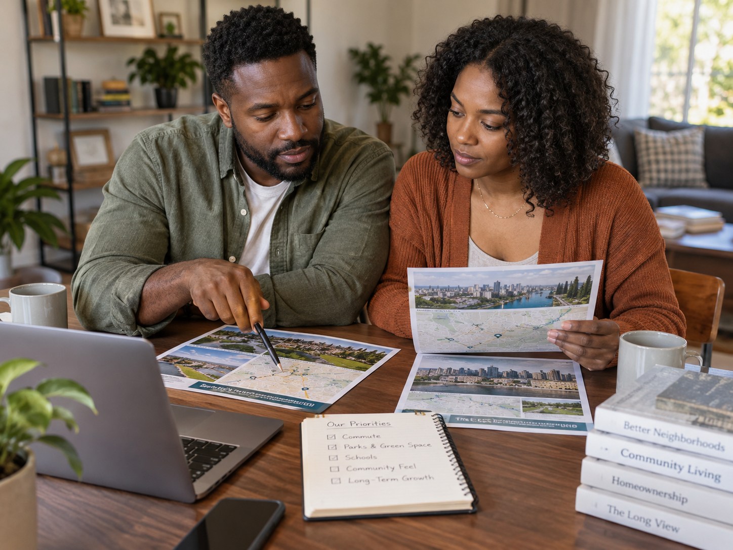 Couple comparing homes, neighborhood maps, and long-term priorities