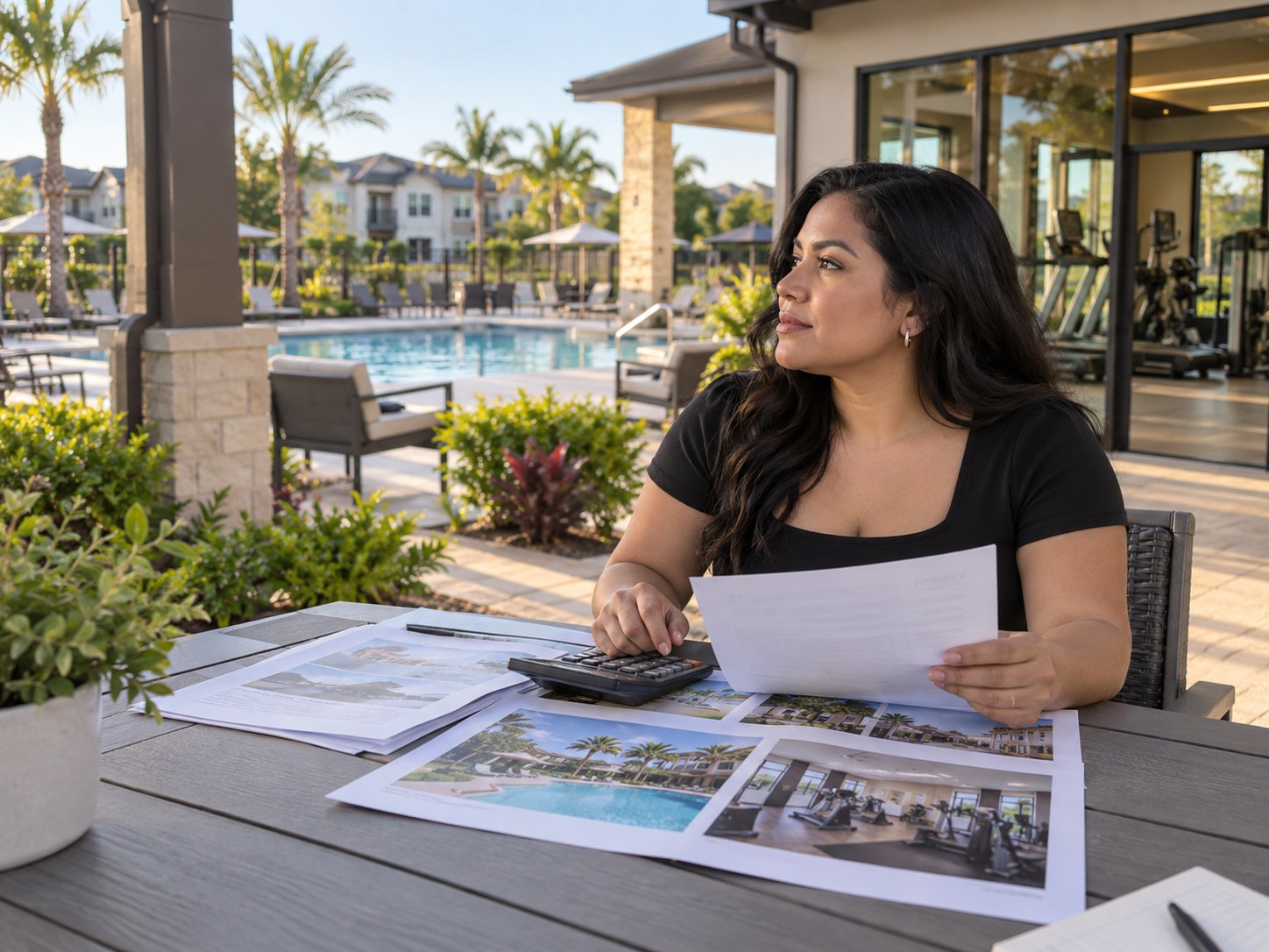 Homebuyer reviewing HOA costs beside community pool and fitness amenities