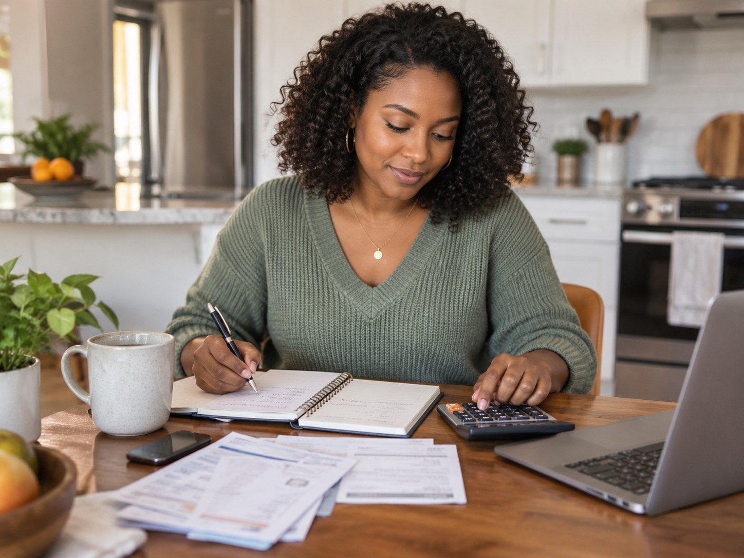 Homebuyer reviewing bills and calculating a comfortable monthly housing budget