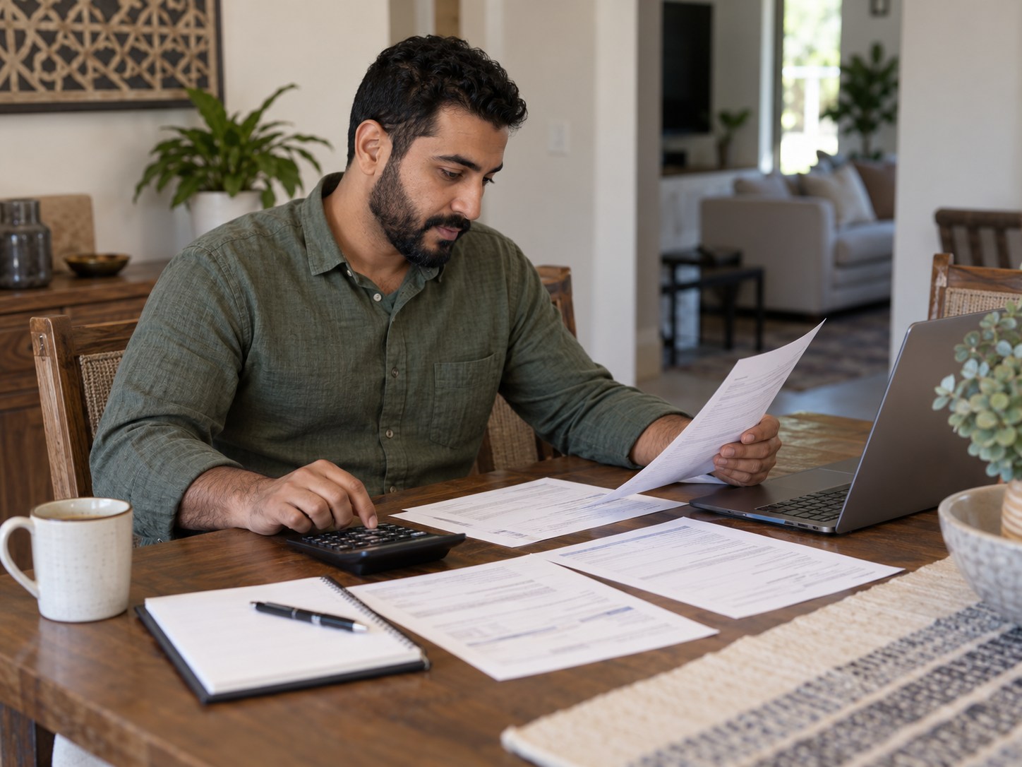 Buyer reviewing financing and closing paperwork with a calculator