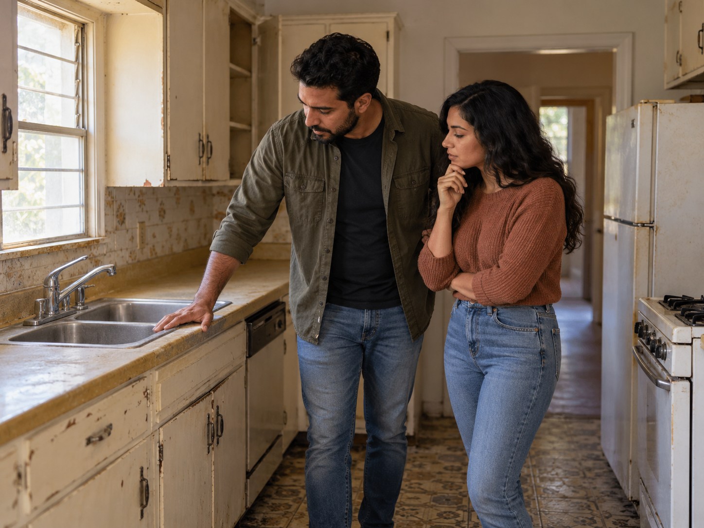 Couple evaluating a worn kitchen and possible renovation work