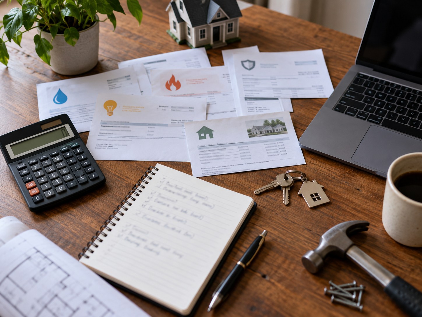 Homeownership bills, calculator, repair tools, keys, and planning notes
