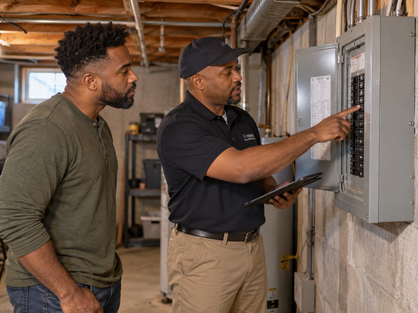 Home inspector showing a buyer an electrical panel during an inspection