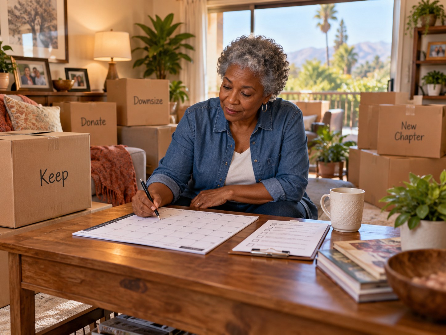 Older homeowner planning a downsizing timeline with moving boxes and a calendar