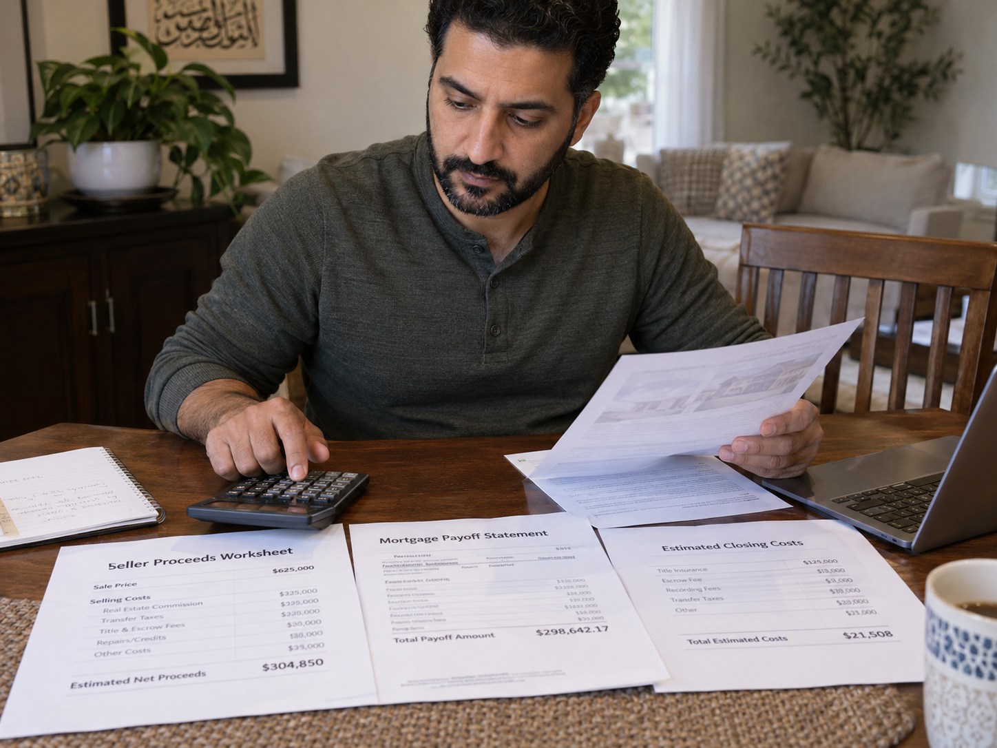 Home seller calculating mortgage payoff, closing costs, and estimated net proceeds