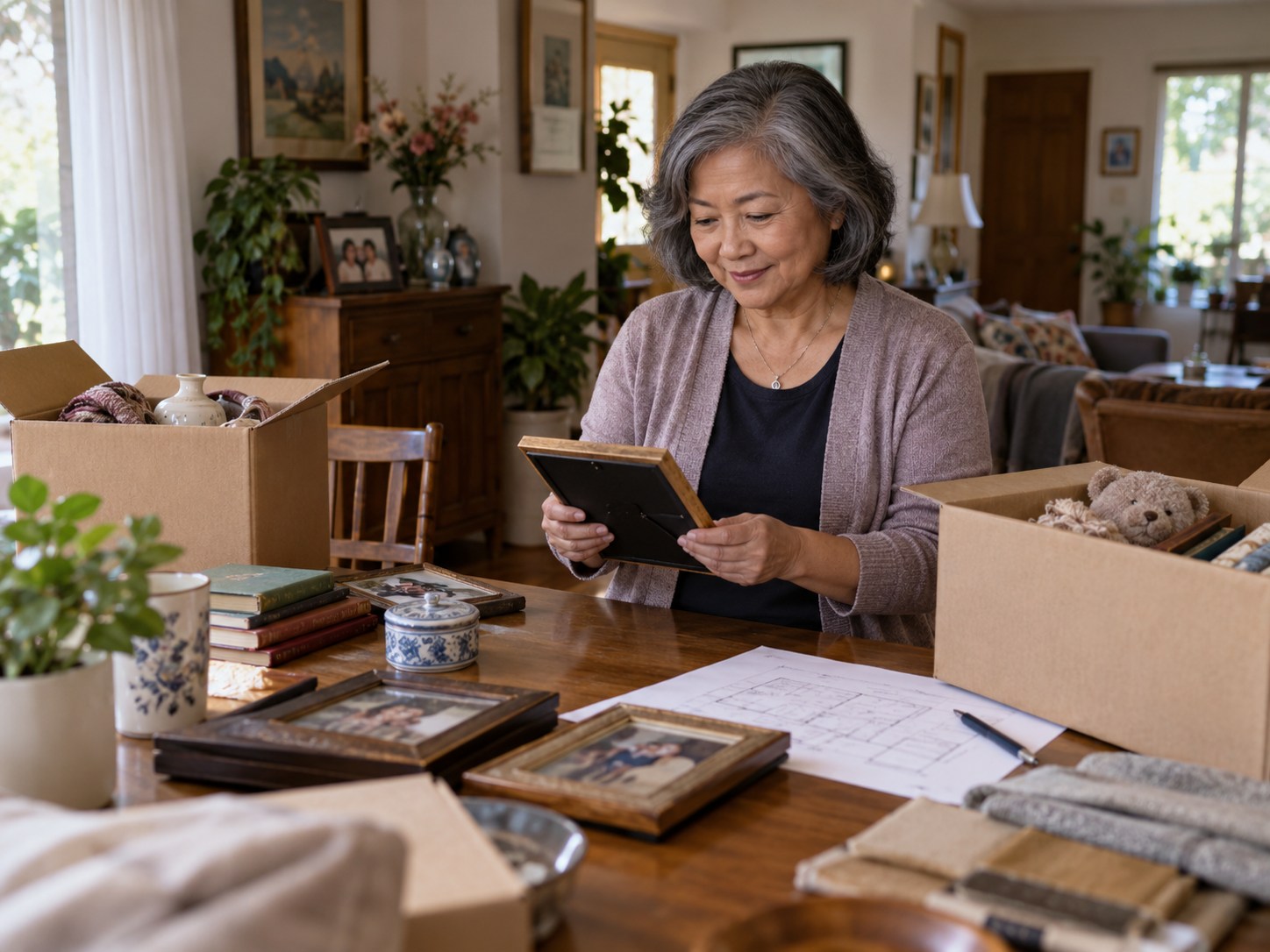 Older homeowner sorting family keepsakes while preparing to downsize
