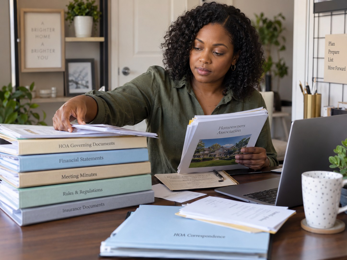 Homeowner organizing HOA governing documents, statements, rules, and meeting records