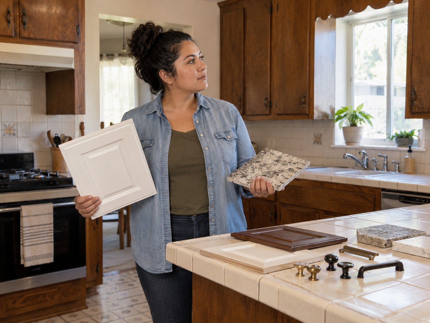 Homeowner comparing cabinet, countertop, and finish samples in an older kitchen