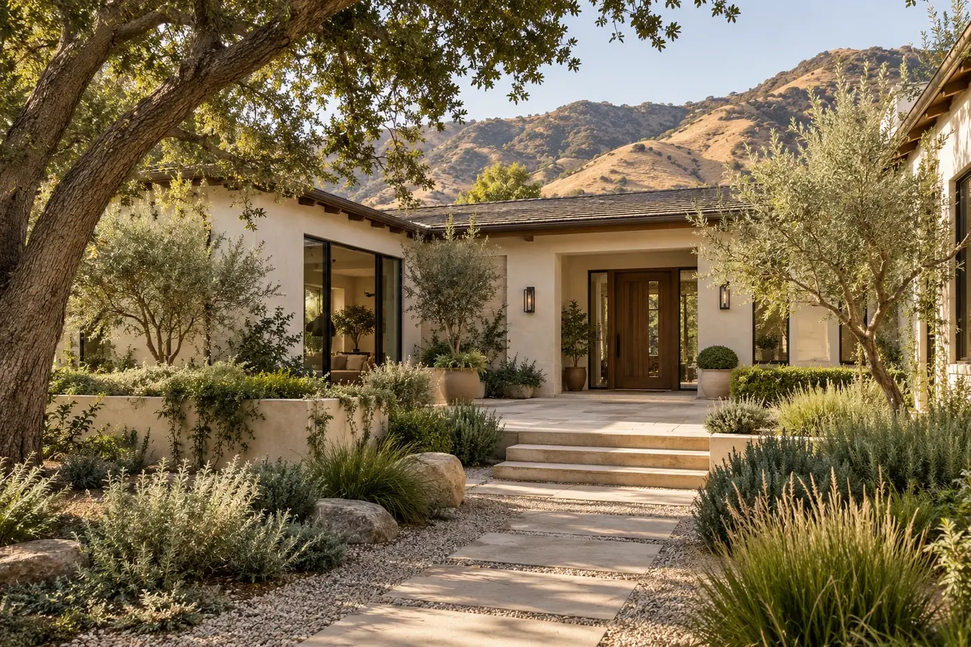 Residential home and courtyard beneath the foothills