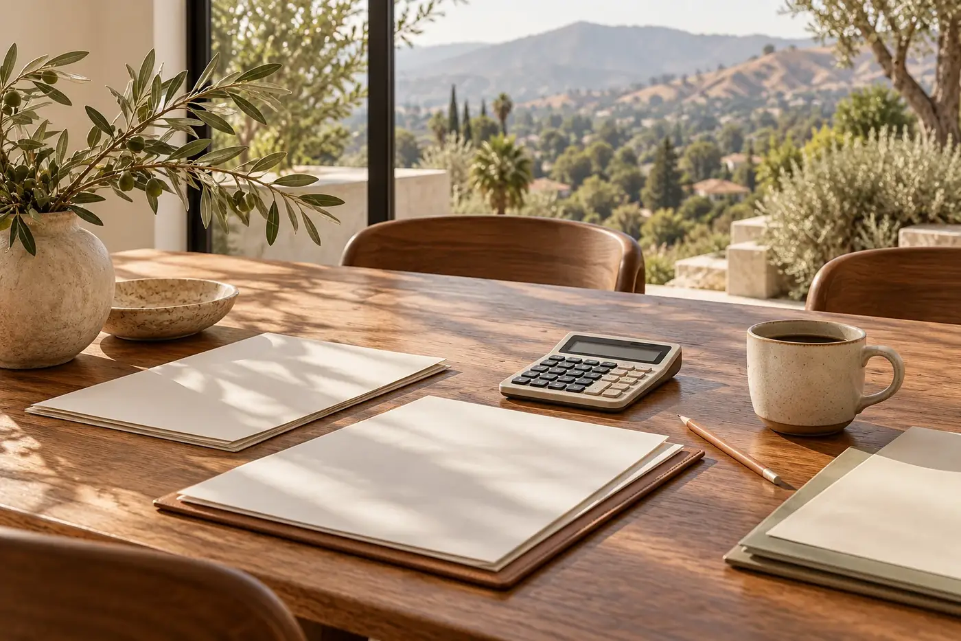Financing documents and calculator at a home table