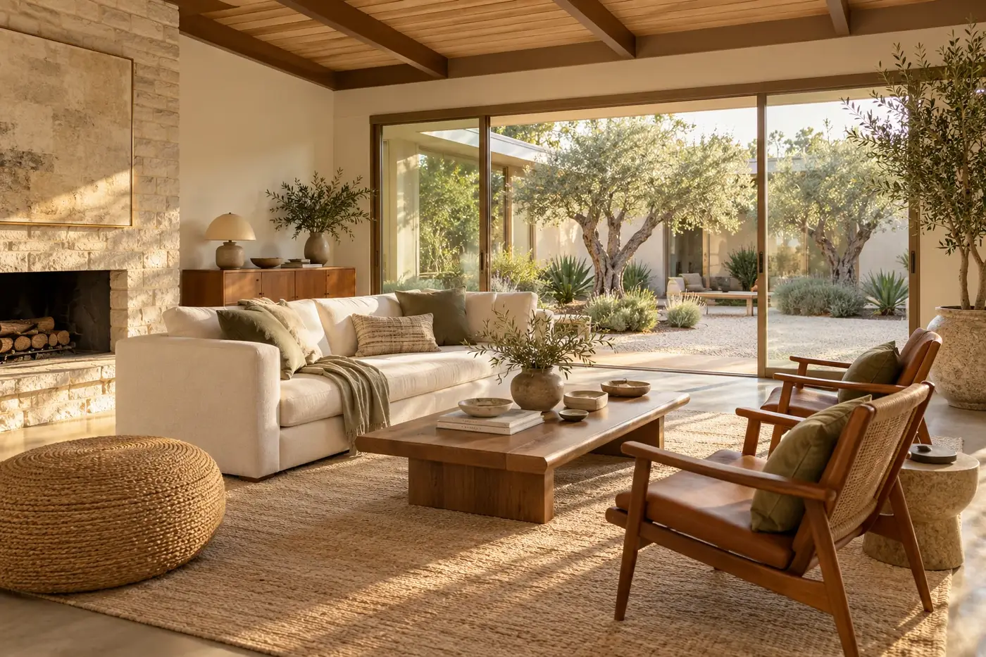 Staged living room with garden outlook