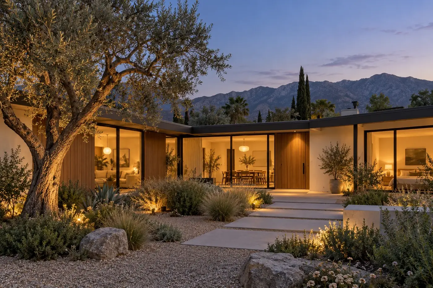 Residential courtyard home at twilight