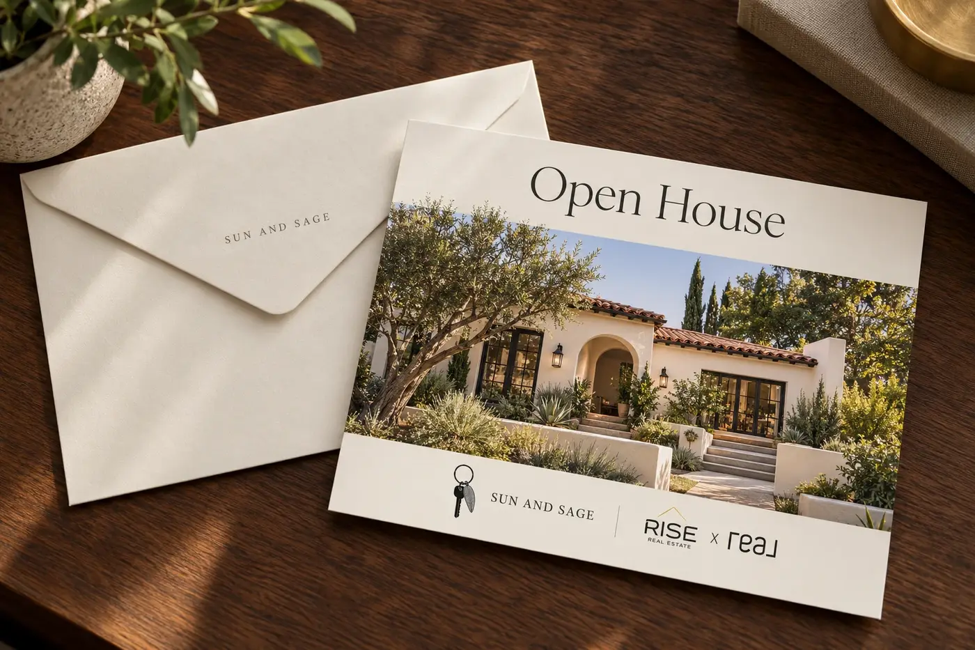 Sun and Sage open house invitation with Rise Real Estate branding