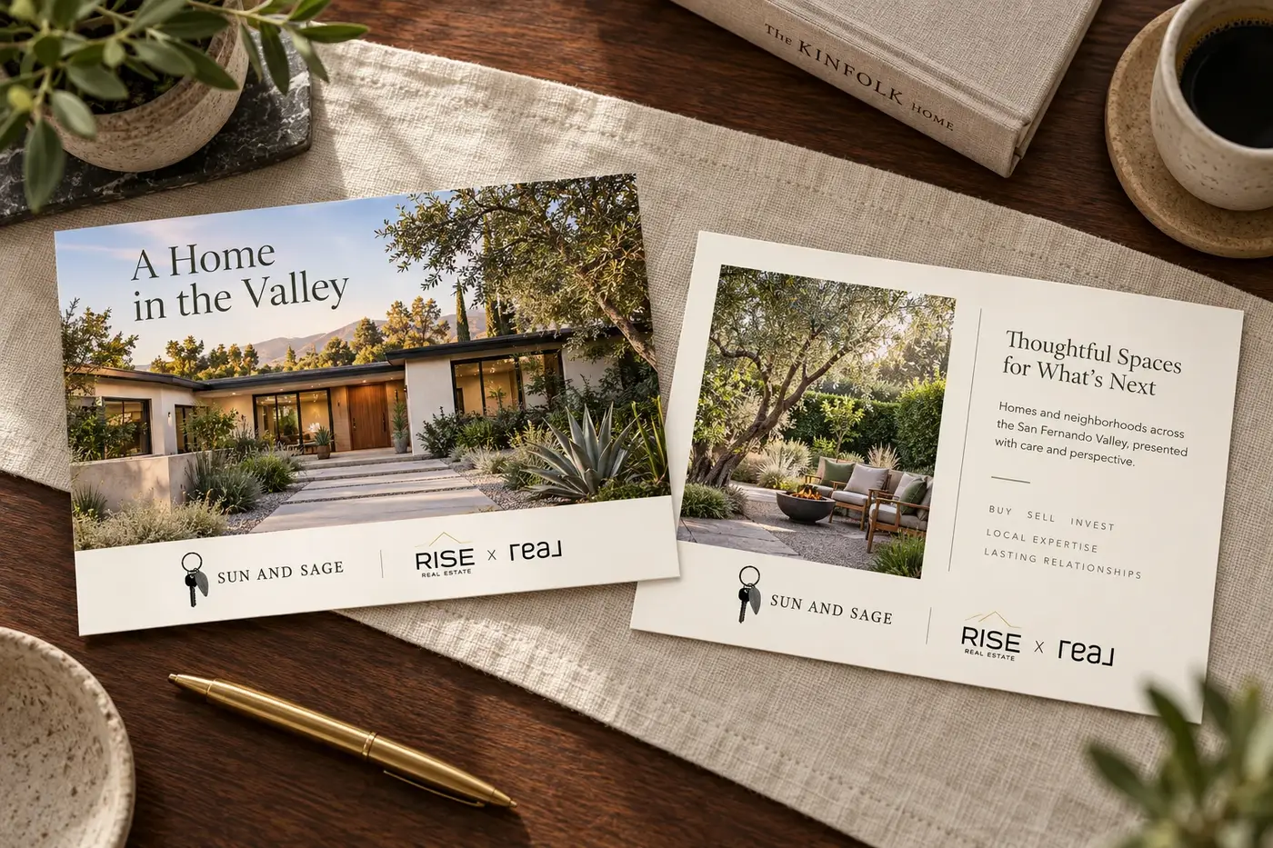 Sun and Sage and Rise postcards marketing concept