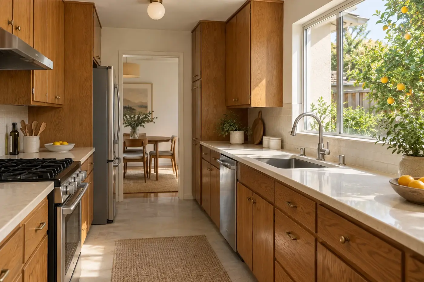 Prepared California ranch kitchen with oak cabinetry