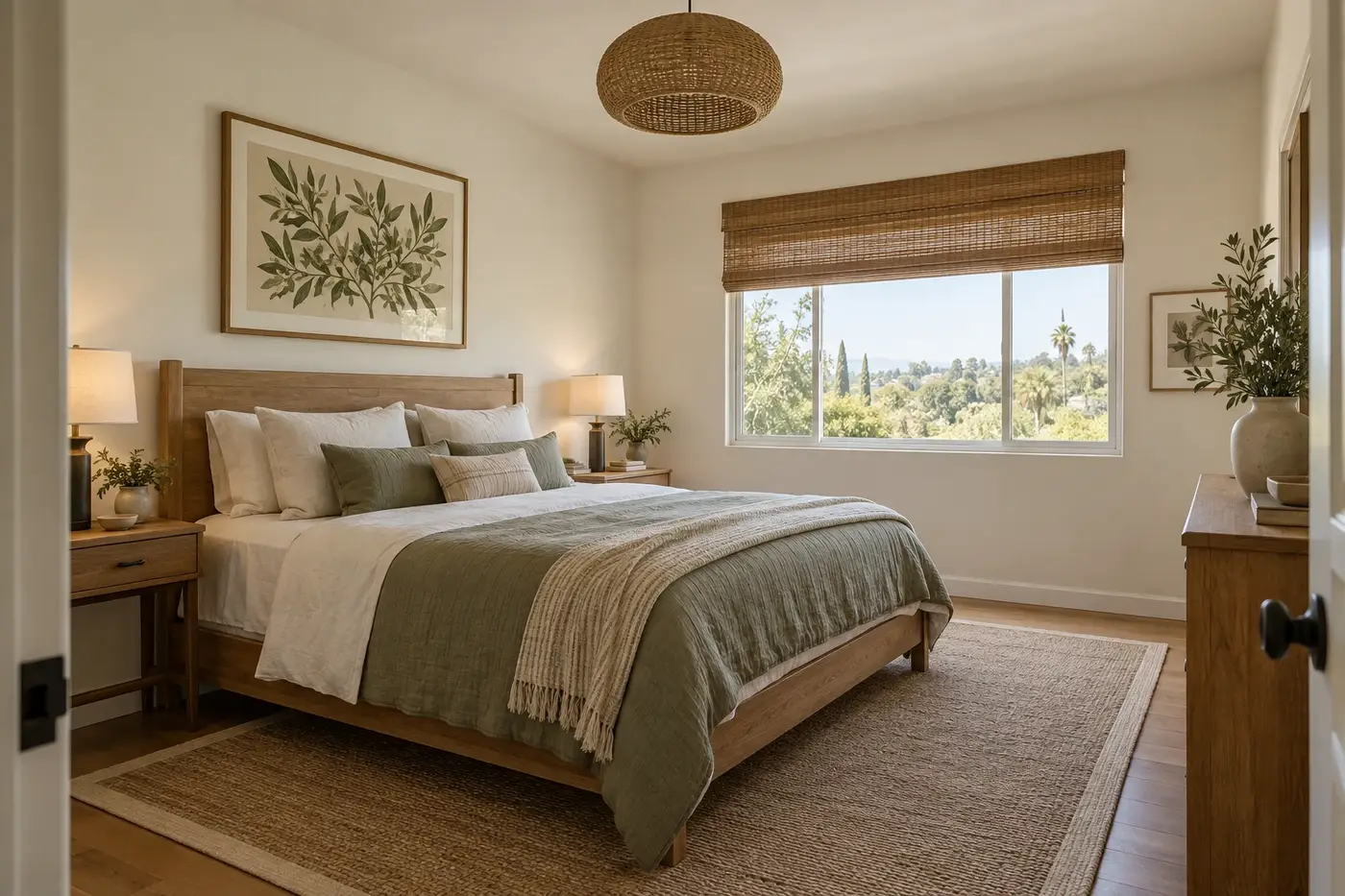 Staged bedroom in a California ranch home