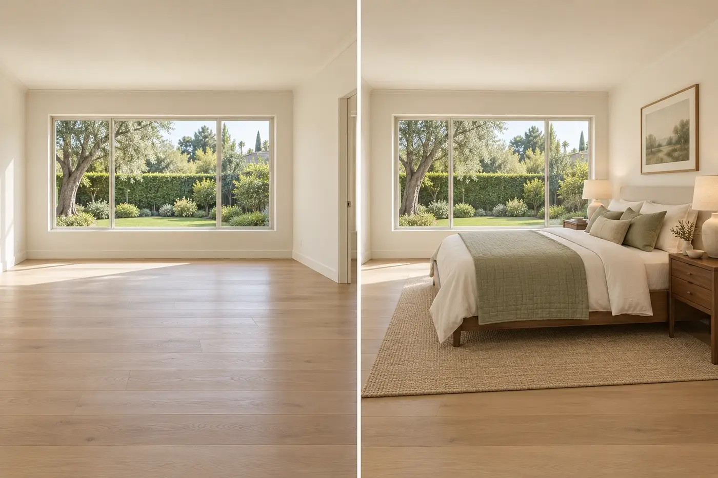 AI-generated bedroom staging comparison