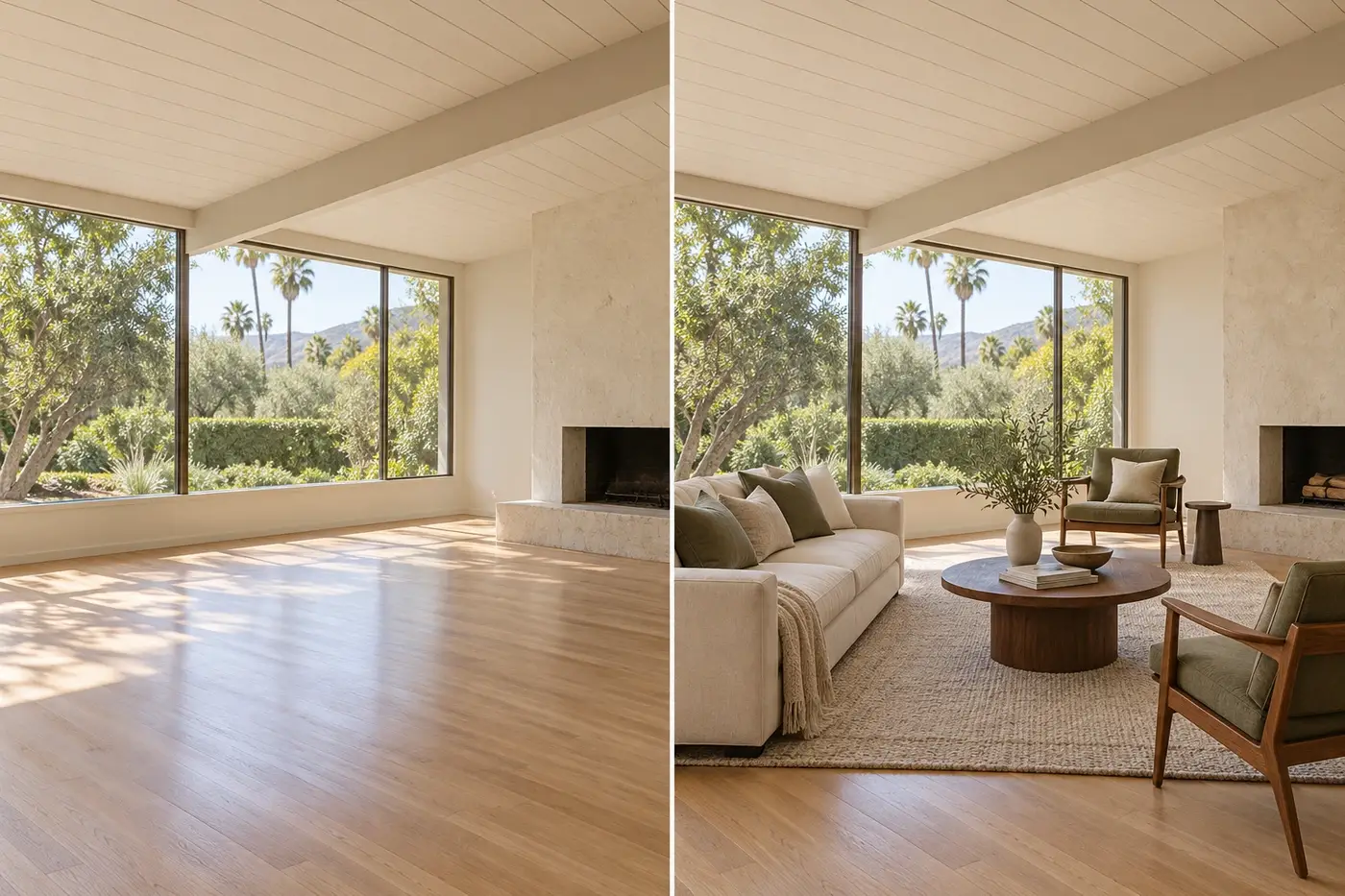 AI-generated living room staging comparison