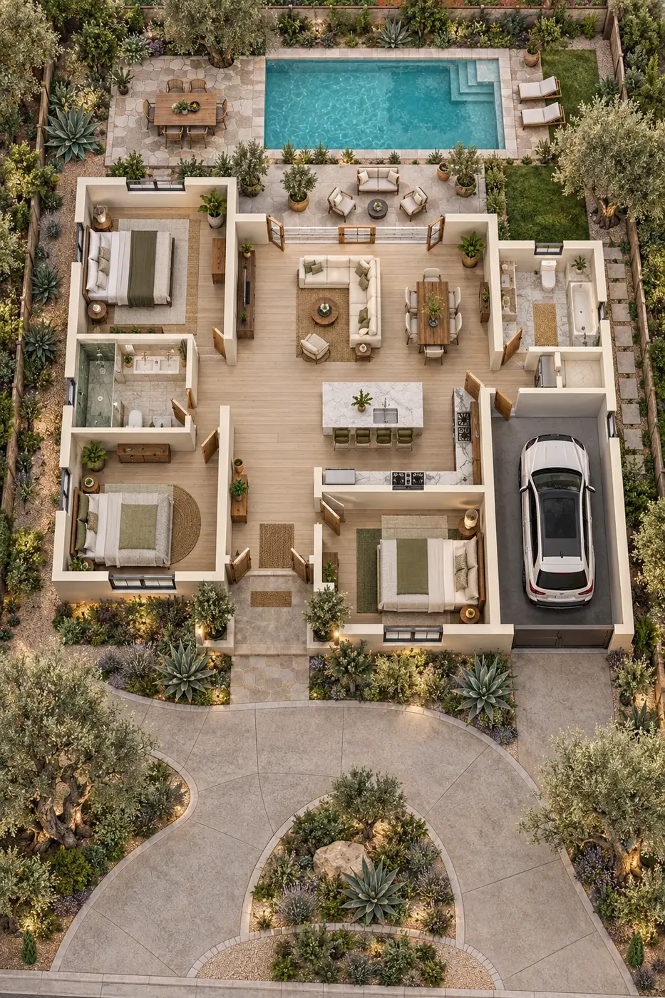Furnished property plan showing rooms, garden, pool, and garage
