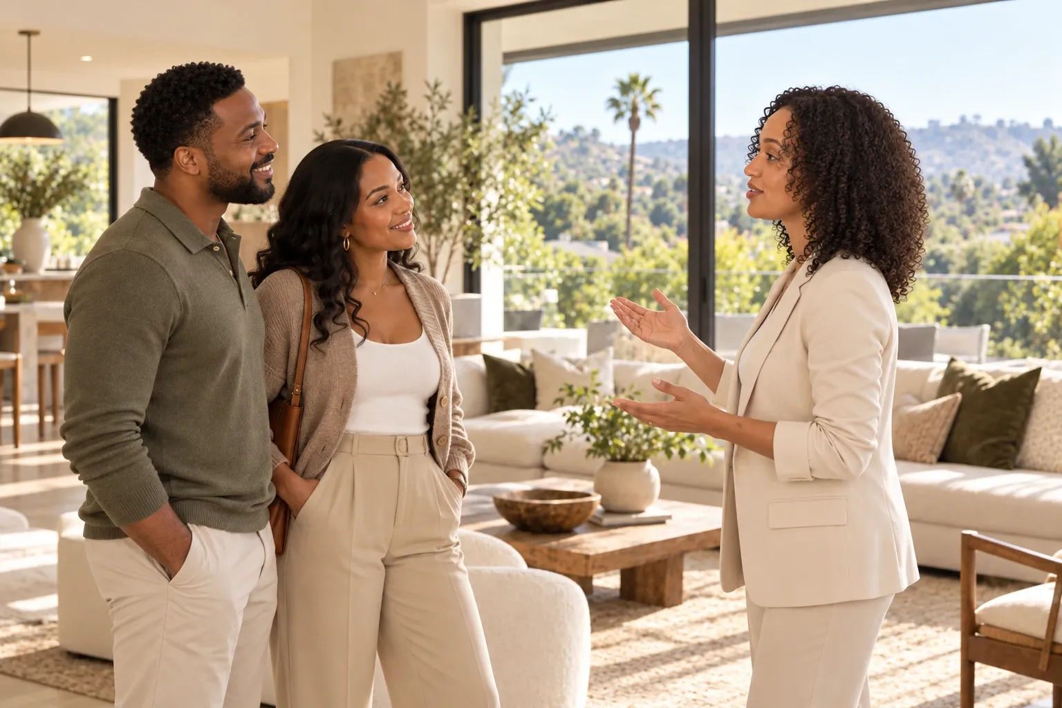 Dominique in approved side profile guiding buyers through a bright San Fernando Valley home