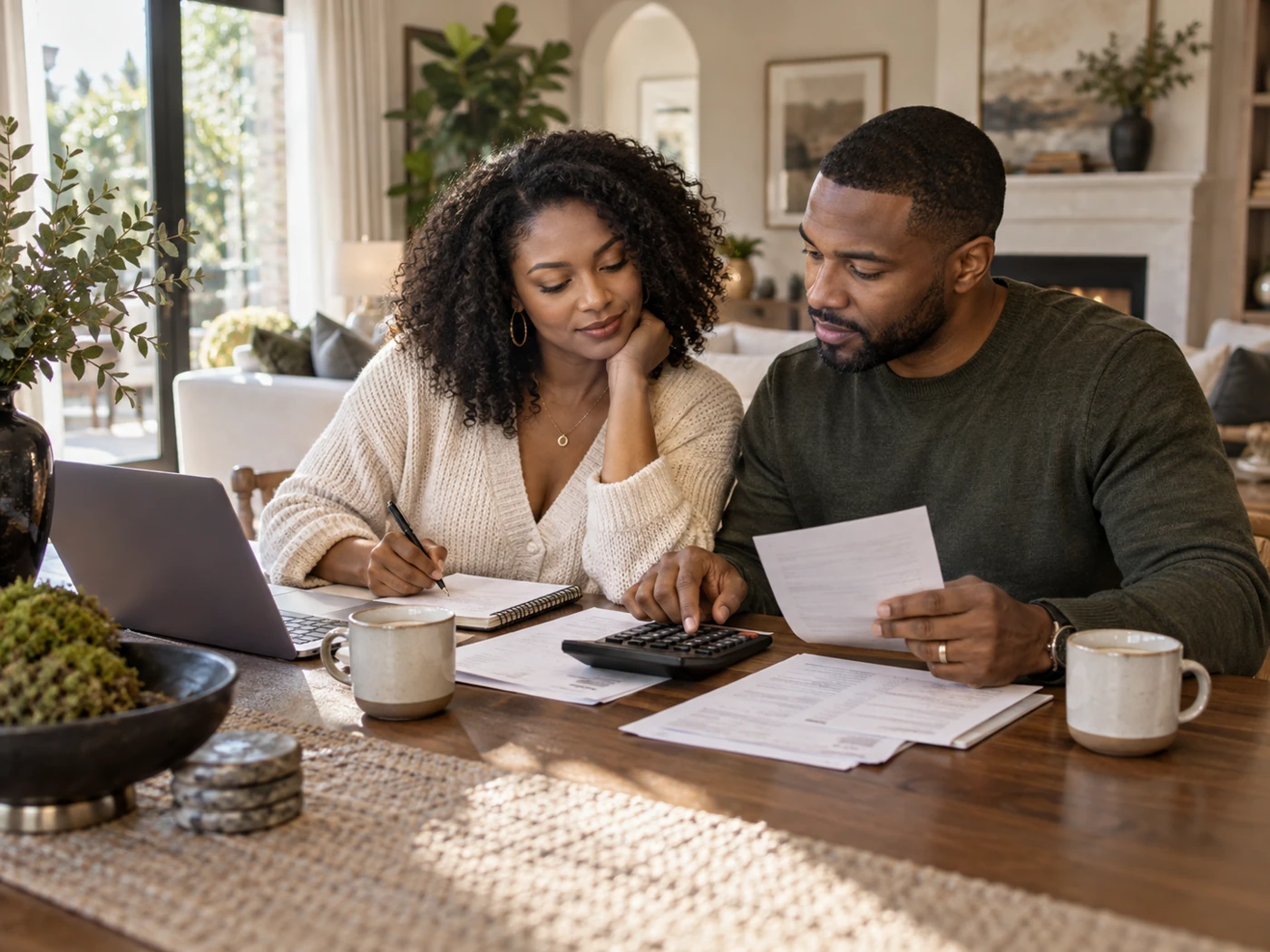 Couple reviewing financial documents at home