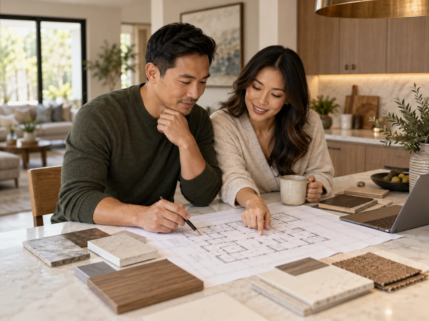 Couple considering interior plans and material samples