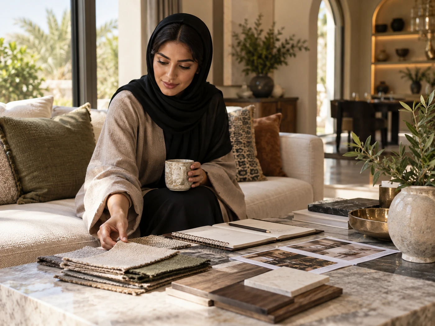 Woman reviewing materials in a furnished living room
