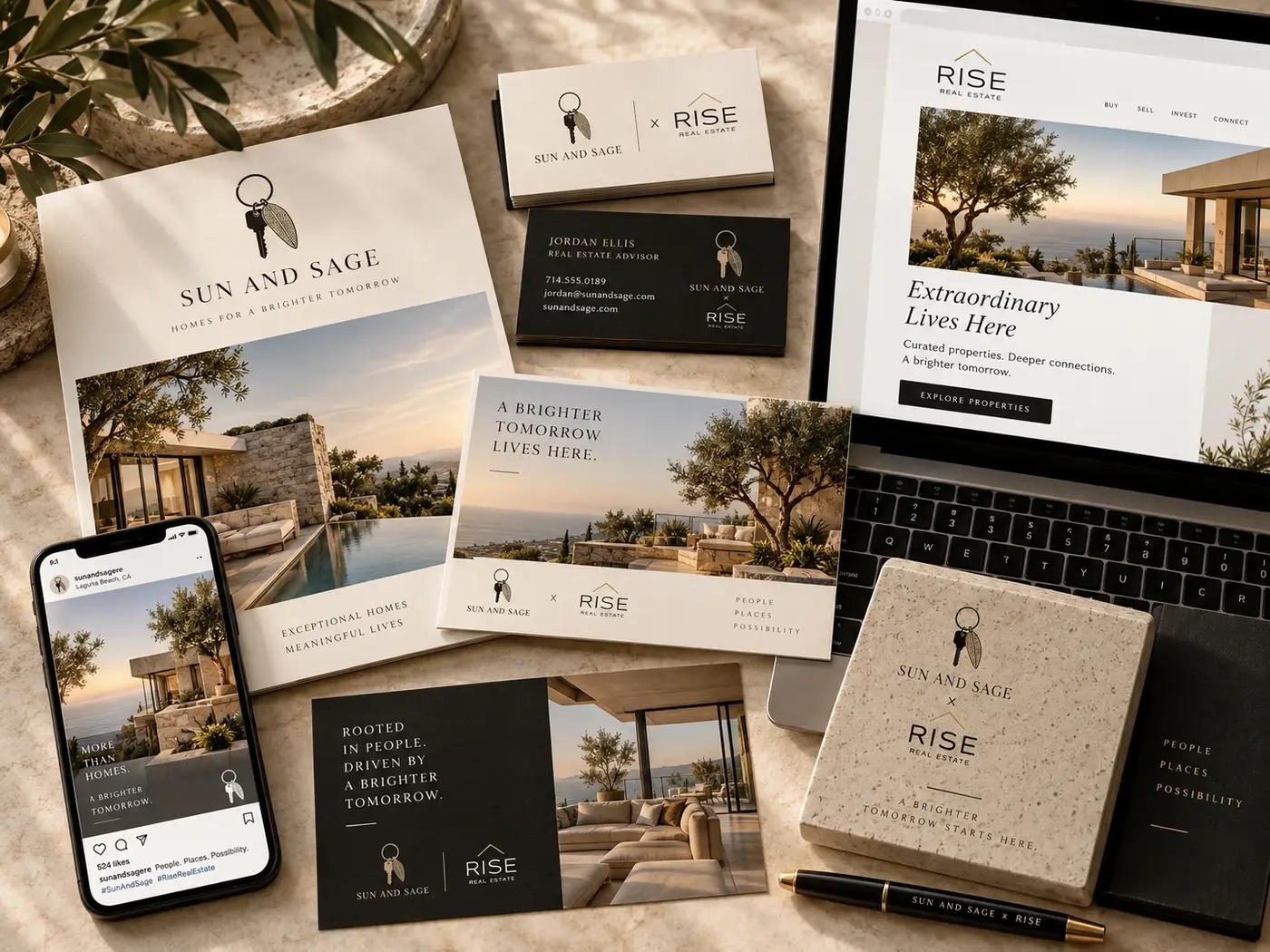 Sun and Sage and Rise marketing collateral with a laptop, phone, and printed materials