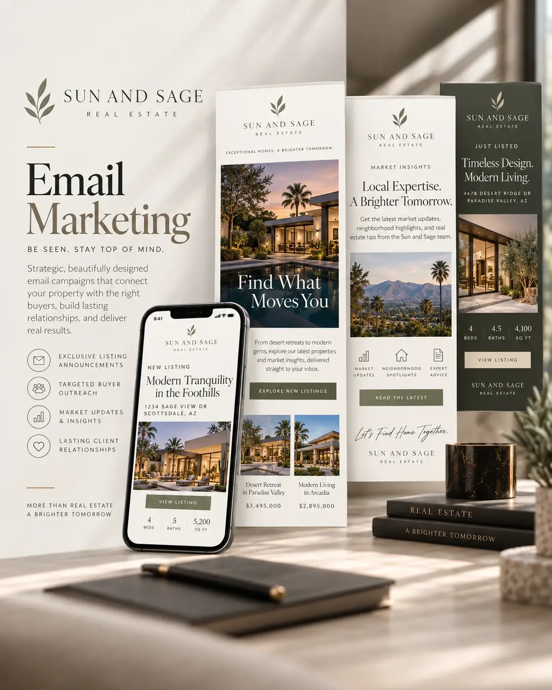 Sun and Sage email marketing displayed on a phone and email panels