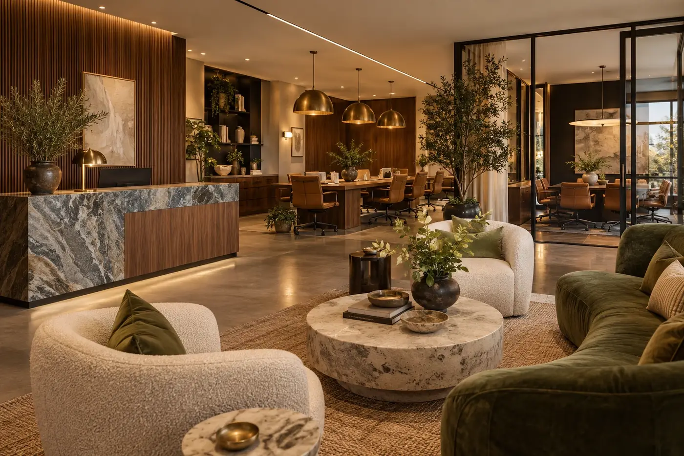 A welcoming business reception lounge with seating and a meeting area