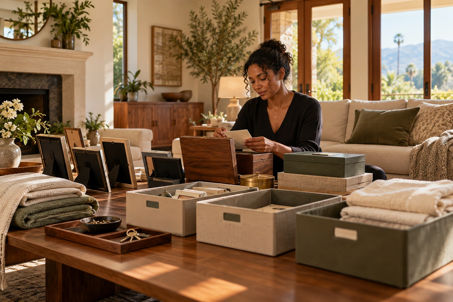 Organized keepsake boxes and household belongings in a calm inherited home