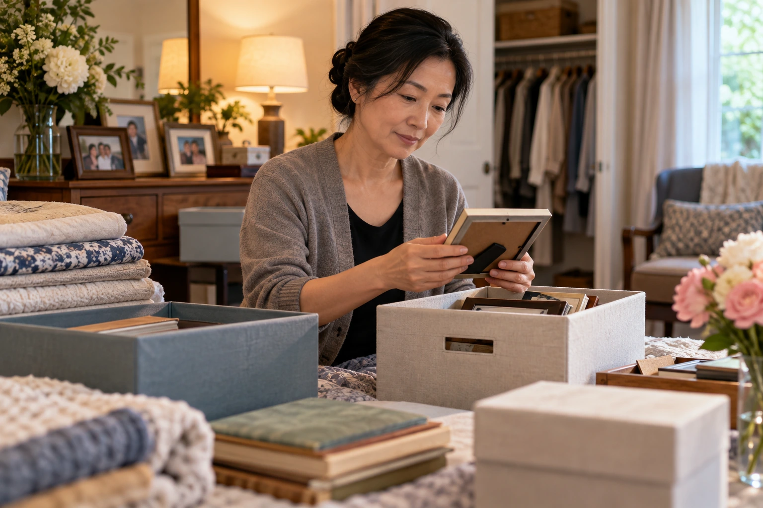 Keepsake boxes and sorted belongings in a respectful home cleanout